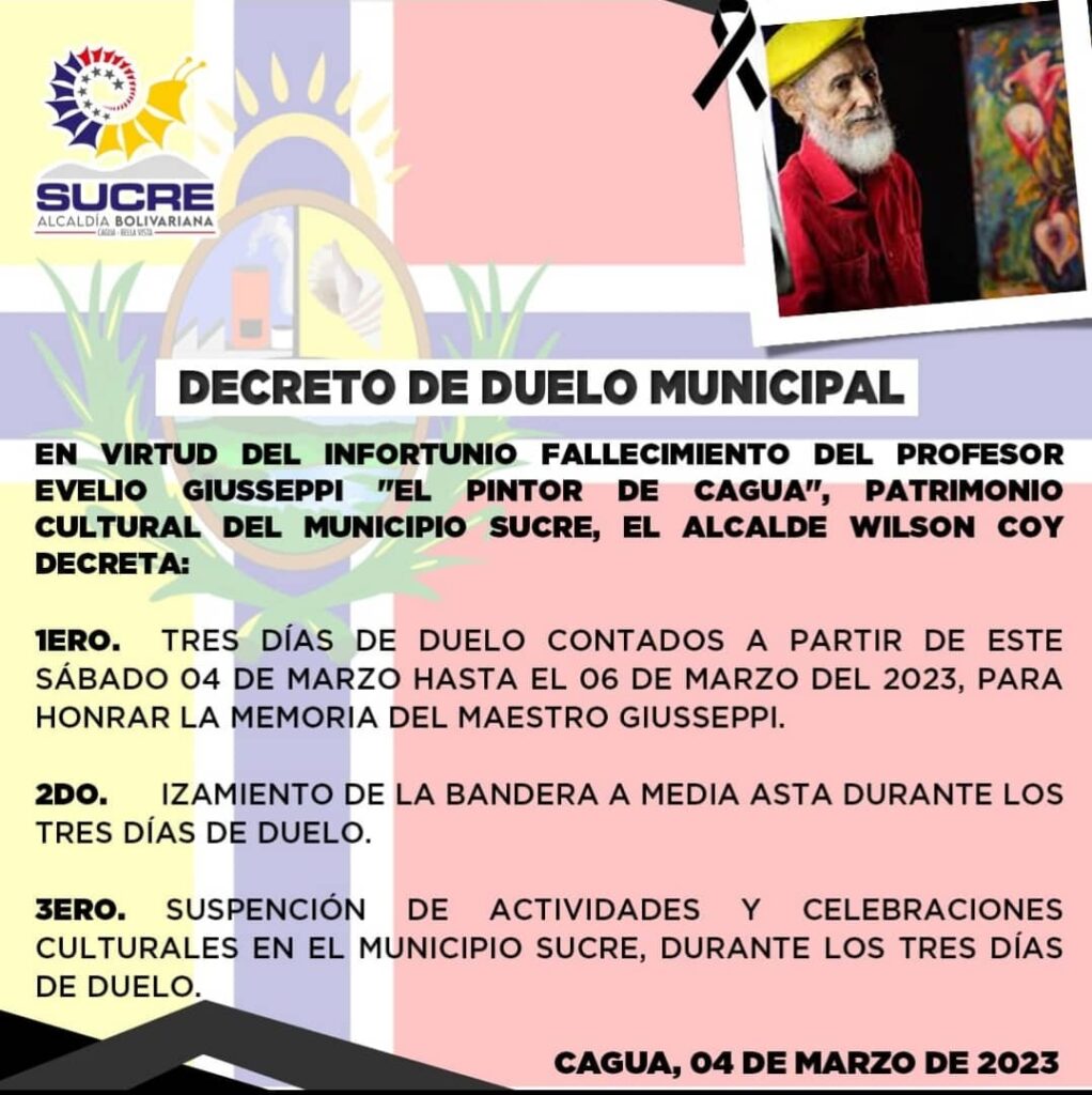duelo-alcaldia-1022x1024 DECRETADO tres días de duelo en el municipio Sucre por el fallecimiento del Maestro Evelio Giusseppi.