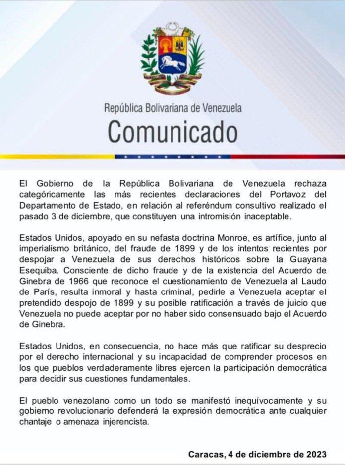 Comunicado-1 Comunicado: Venezuela rechaza injerencias de EEUU