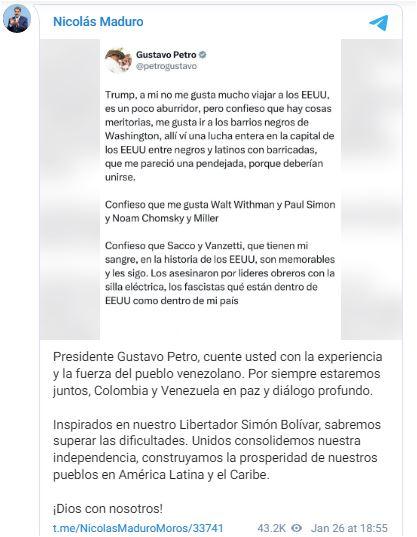 Presidente Maduro expresa apoyo a Colombia ante sanciones de EEUU Captura-nicolas-telegrm Presidente Maduro expresa apoyo a Colombia ante sanciones de EEUU