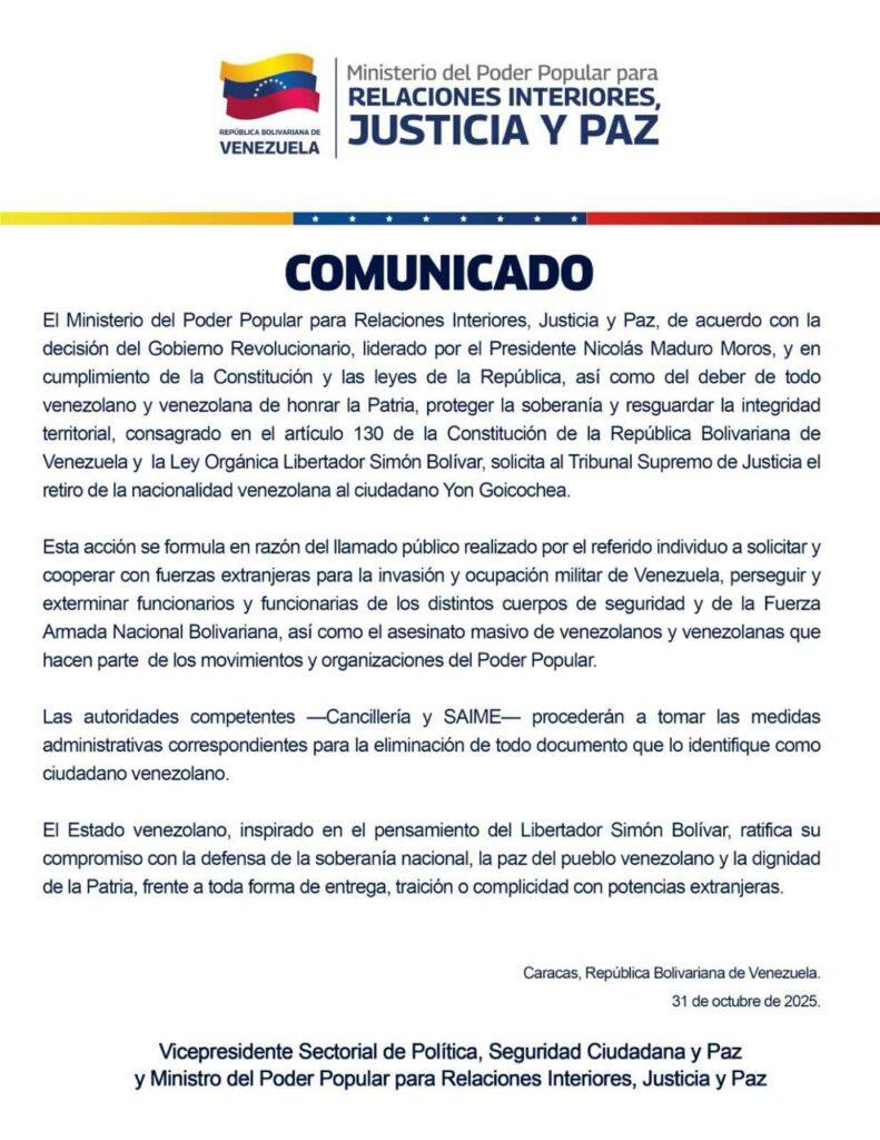 comunicado-791x1024 Gobierno Nacional solicita al TSJ retirar nacionalidad venezolana a Yon Goicochea + Comunicado