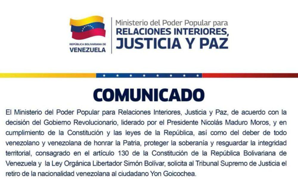Gobierno Nacional solicita al TSJ retirar nacionalidad venezolana a Yon Goicochea + Comunicado