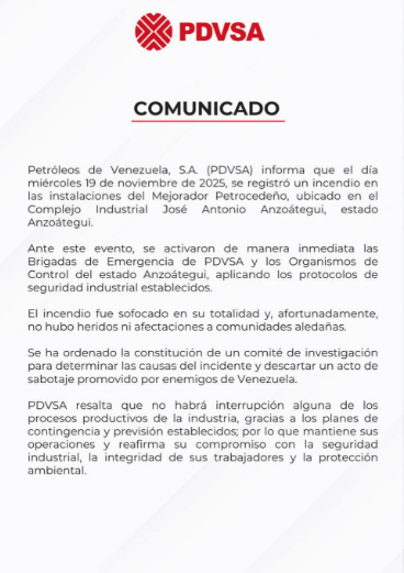 Captura-de-pantalla-2025-11-20-193840 PDVSA: Incendio en Petrocedeño no afectará la producción petrolera