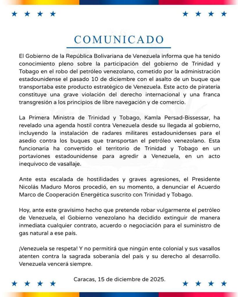 Comunicado-venezuela-rompe-con-TYT-819x1024 Venezuela rompe acuerdos de gas con Trinidad y Tobago por complicidad con EE.UU. + Comunicado