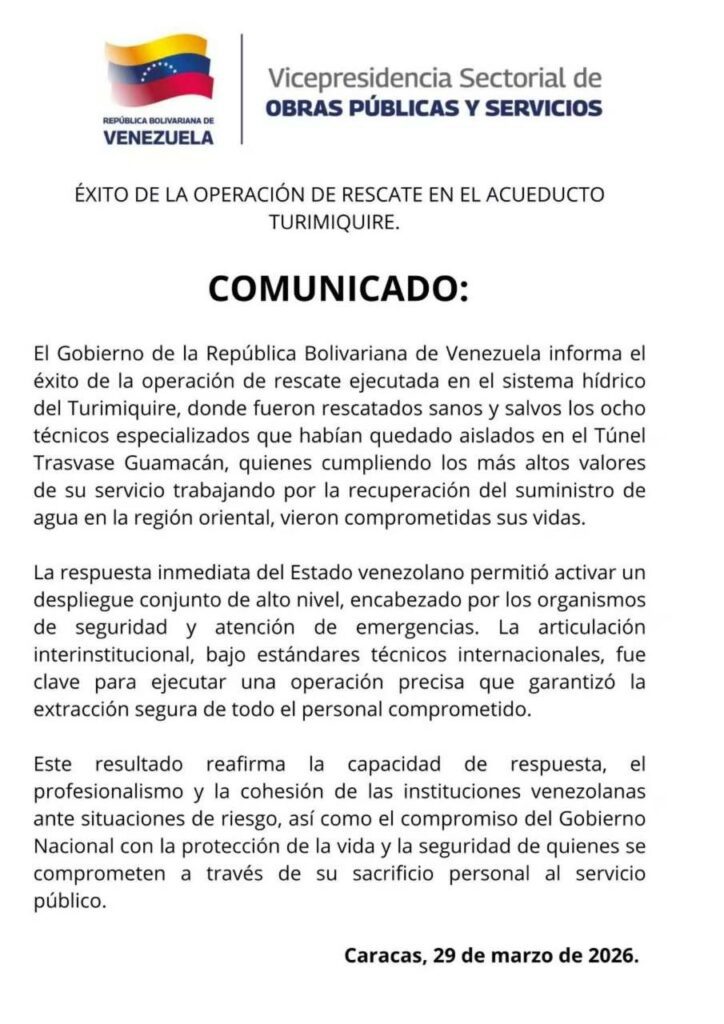 Gobierno Nacional rescata a 8 técnicos en acueducto Turimiquire en el edo Sucre + Comunicado photo_2026-03-29_18-19-19-724x1024 Gobierno Nacional rescata a 8 técnicos en acueducto Turimiquire en el edo Sucre + Comunicado
