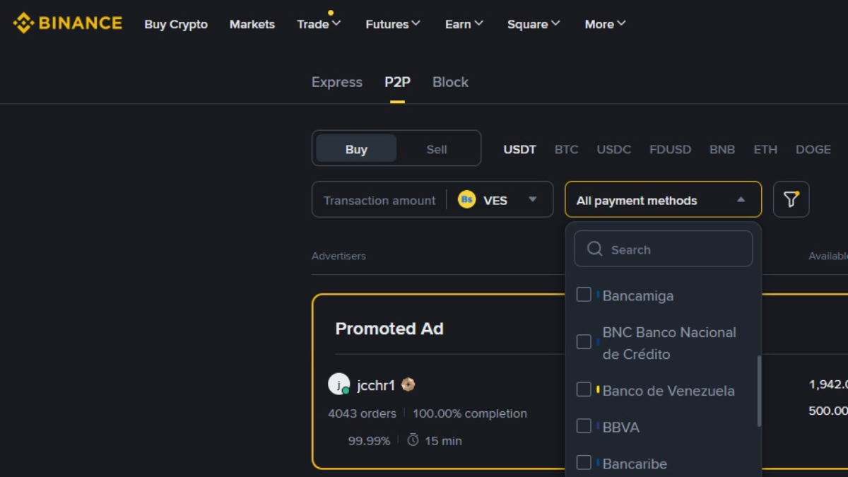 Binance acaba de integrar bancos públicos venezolanos en su plataforma P2P